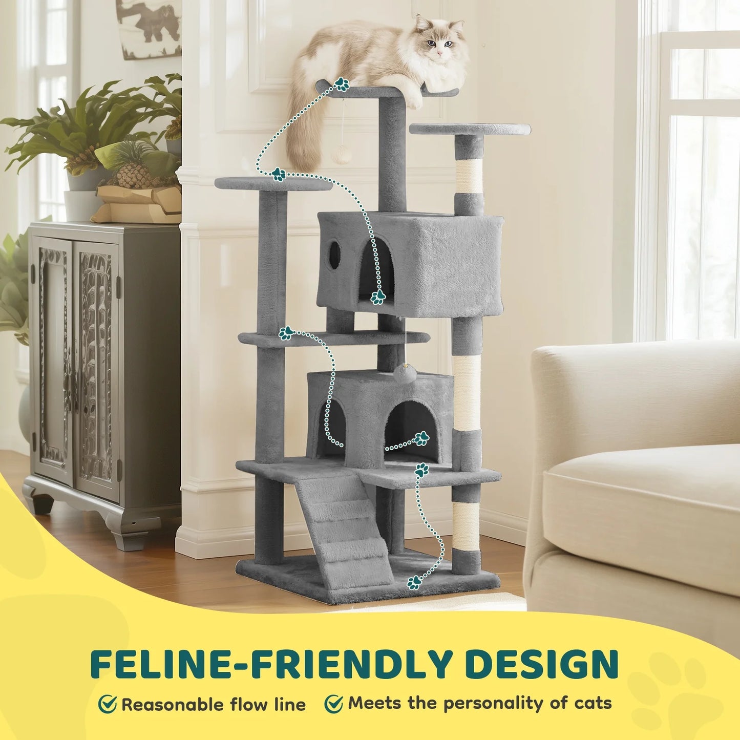 54" Cat Tree Tower Multi-Level with Scratching Post, Large Condo for Indoor, Light Gray