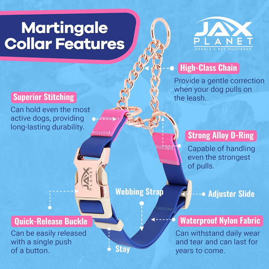 Jelly Waterproof Martingale Dog Collar, No Pull Nylon Collar with Alloy Metal Buckle & D-Ring for Outdoor Training and Walking, anti Pull, Escape Free, One Time Adjustment - Blue & Rose, M
