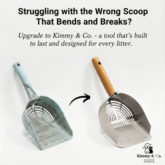 Kimmy&Co Solid Wood Cat Litter Scoop - Heavy Duty Non-Stick Metal Sifter - Deep Shovel for Easy Cleaning