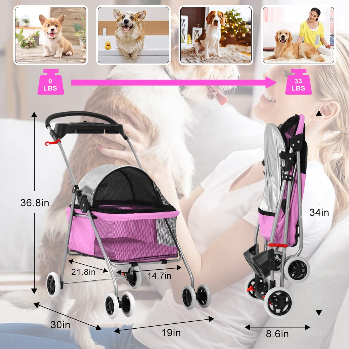 Pet Stroller for Small Medium Dogs & Cats - 4 Wheel Foldable Jogger Travel Stroller Carrier with Removable Liner Storage Basket, up to 35 LBS, Pink 30 X 19 X 36.8 Inch
