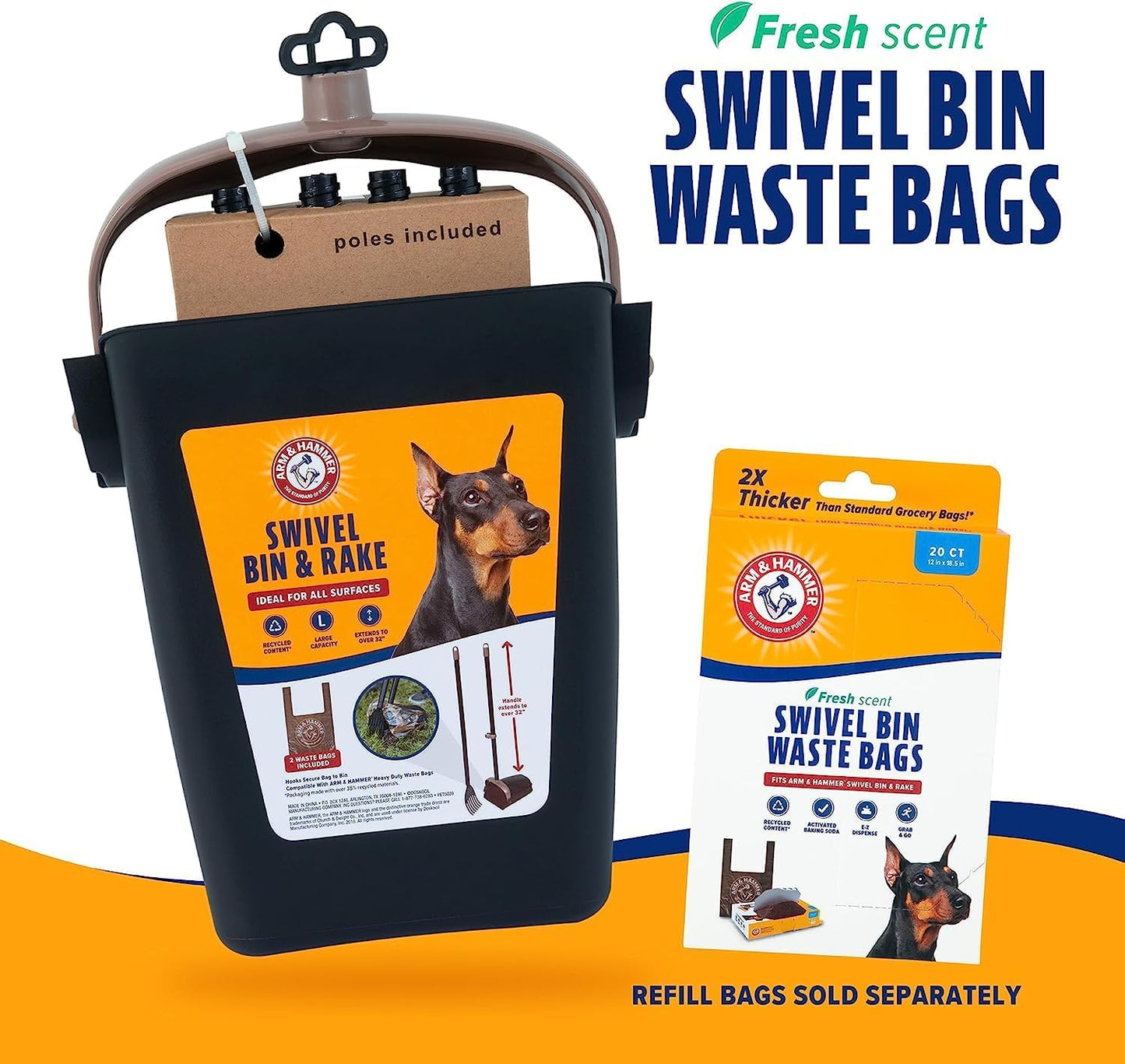 Dog Pooper Scooper Swivel Bin & Rake, Poop Scoop for Dogs, Black (2 Heavy Duty Scented Waste Bags Included)