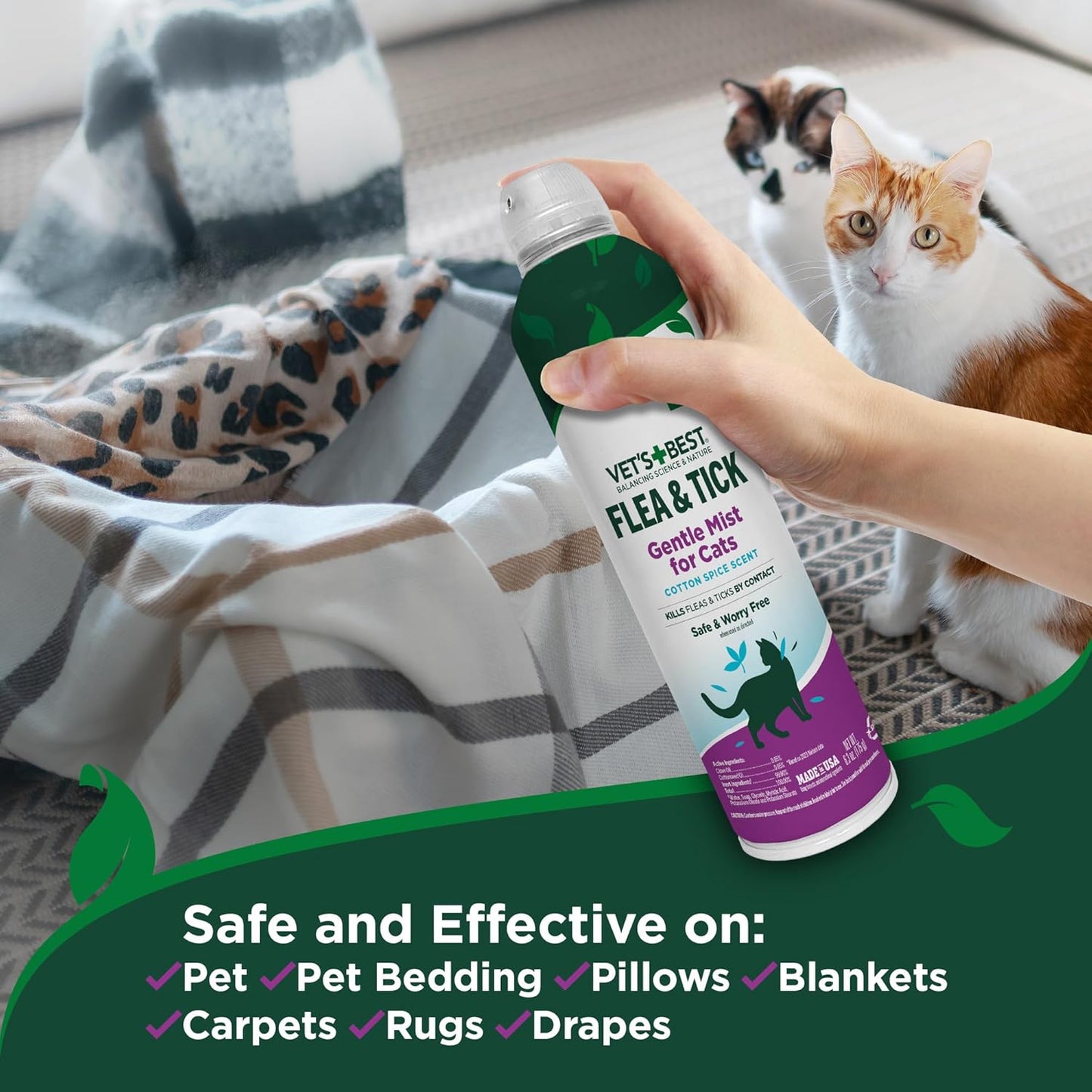 Natural Flea & Tick Mist for Cats – Plant-Powered Spray with Cotton Spice Scent – Natural Flea Prevention and Pest Control – Gentle Formula for Indoor Use – Safe for Pets – 6.3 Oz