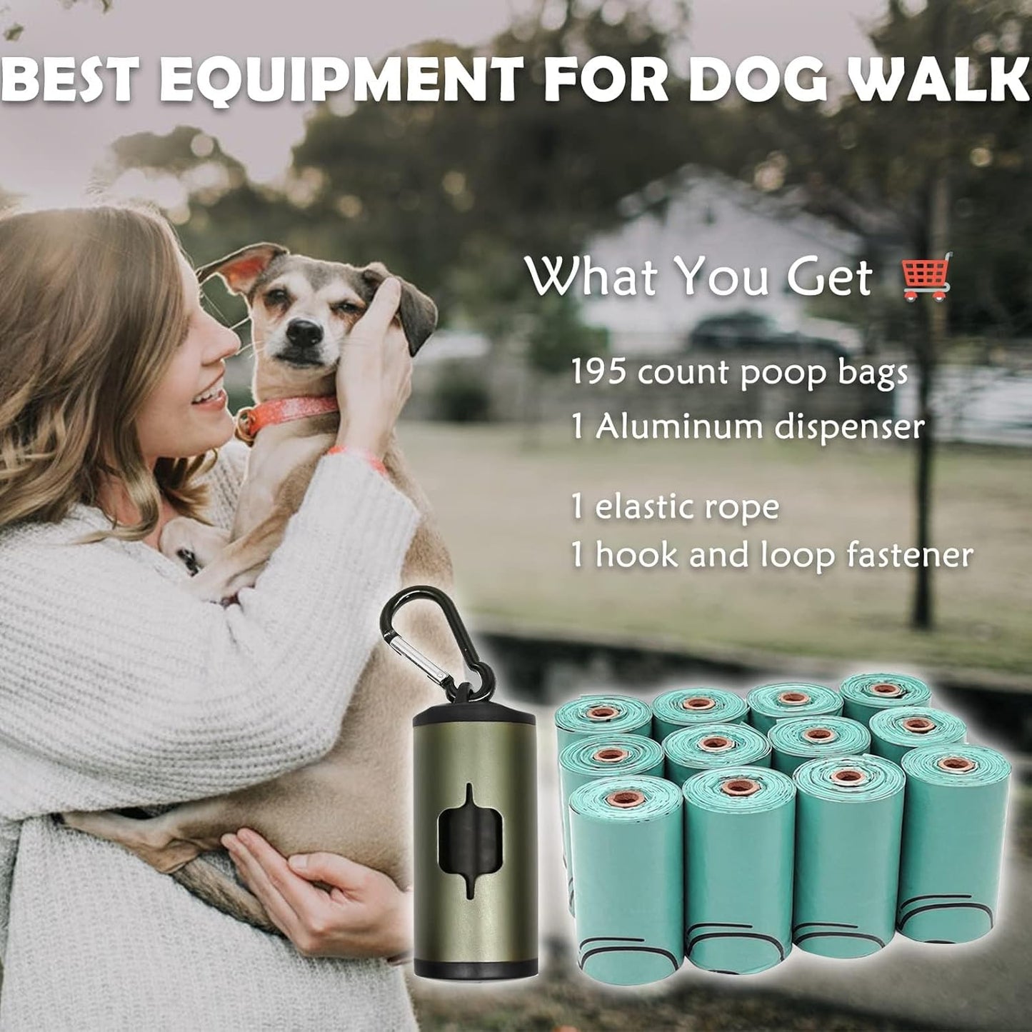 Aluminum Dog Poop Bags Holder with Carabiner Metal Pet Waste Bags Dispenser with Hook and Loop Fastener and Elastic Cord to Carry Used Bags (Olive Green)