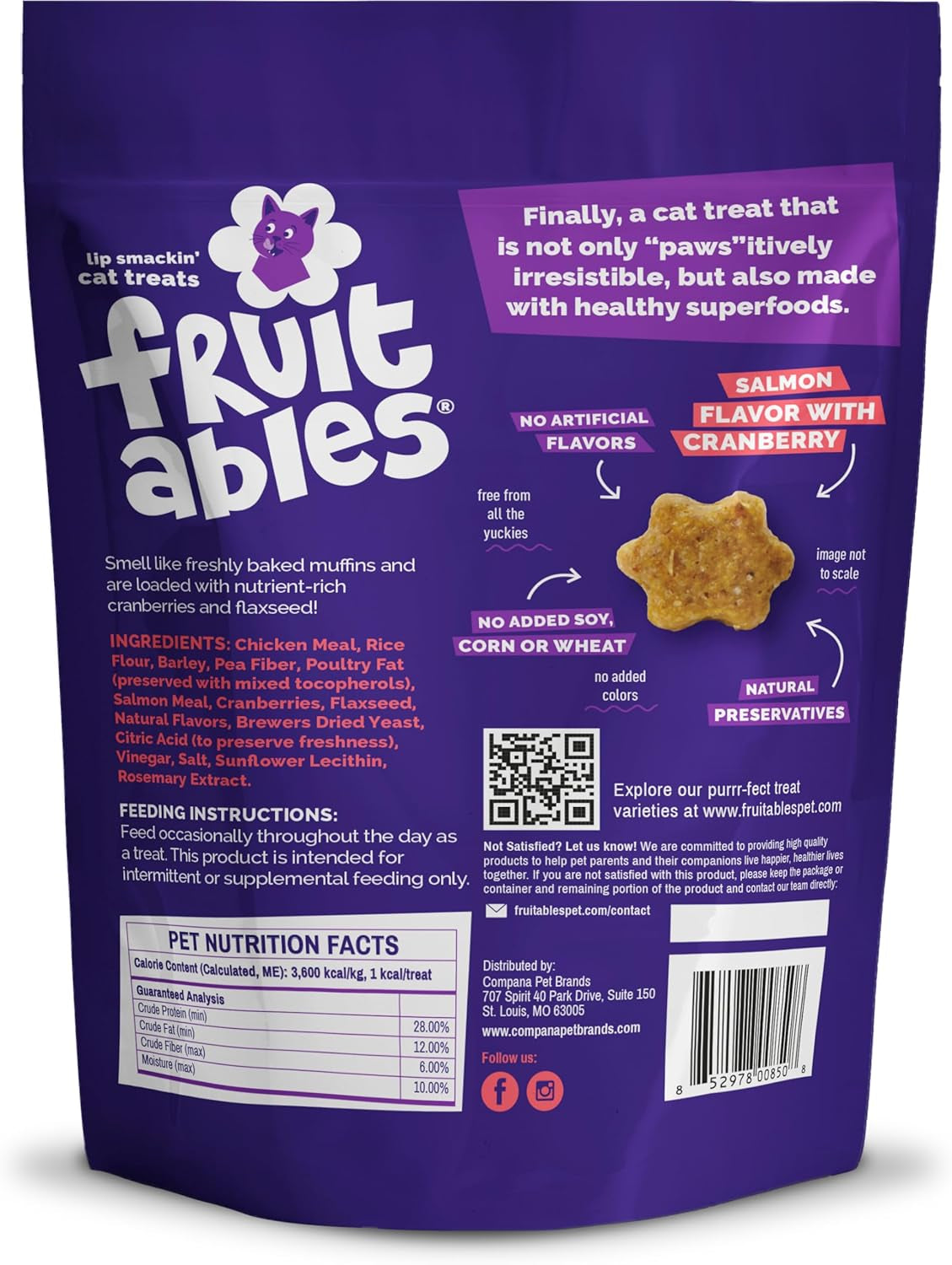 Cat Crunchy Treats for Cats – Healthy Low Calorie Packed with Protein – No Wheat, Corn or Soy – Made with Real Salmon with Cranberry – 2.5 Ounces