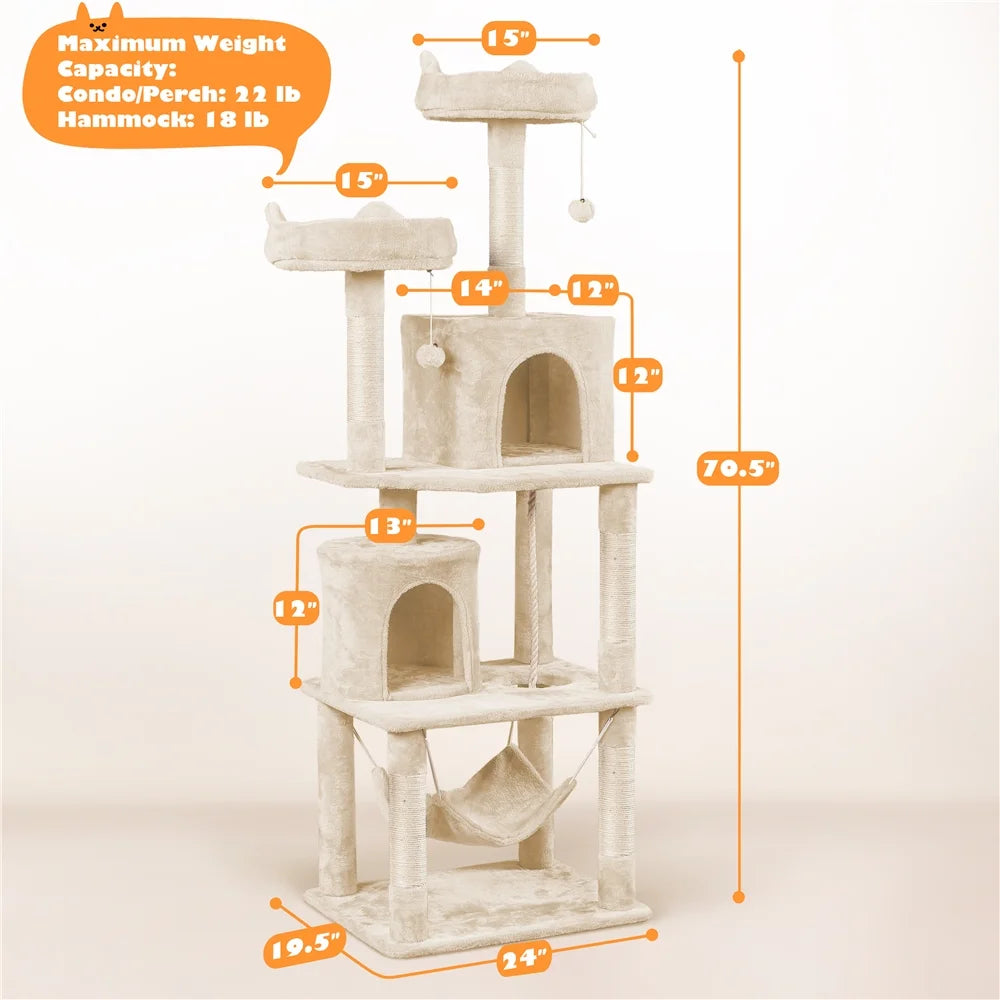 70.5" H Multi Level Cat Tree with 2 Condos & 2 Foam-Padded Perches, Beige