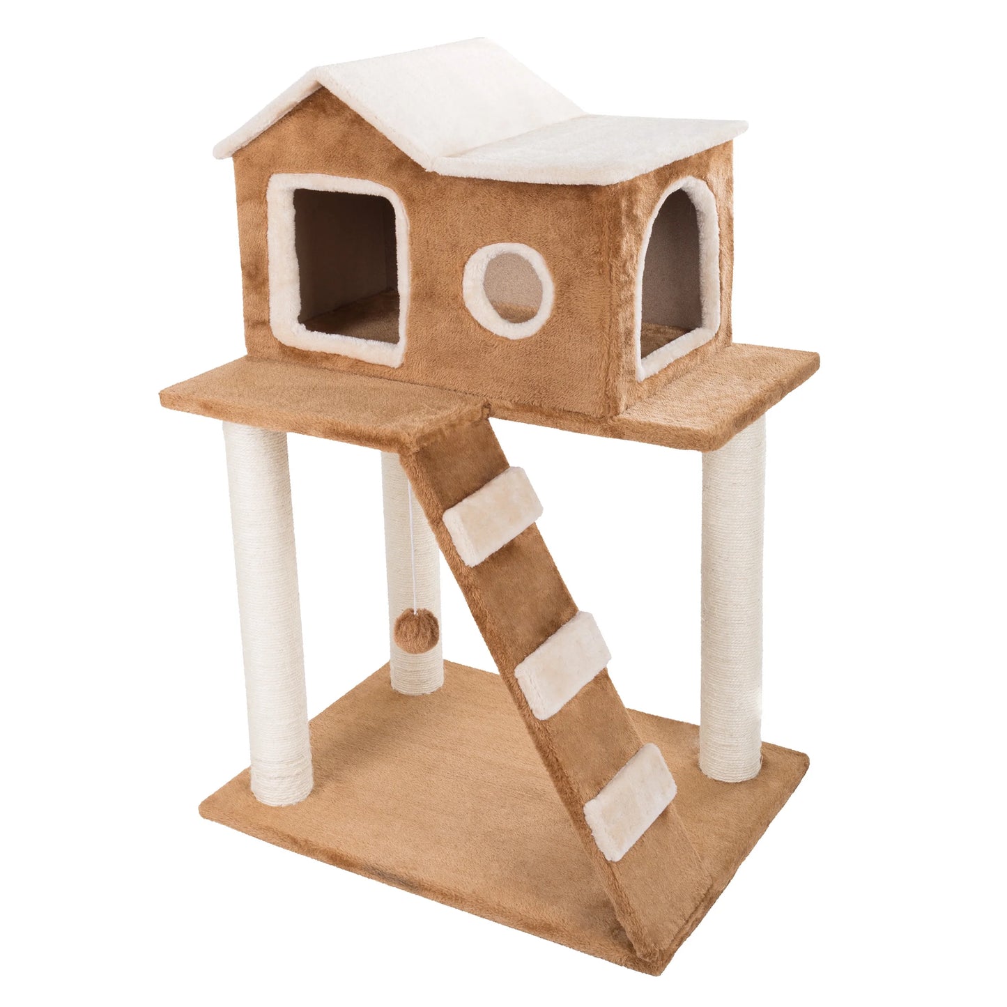 35In Cat Tree with Ladder, House, Scratch Posts, and Toy (Brown)