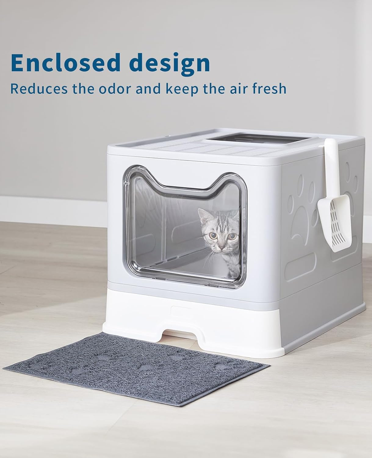 Cat Litter Box with Litter Mat and Scoop, Large Foldable Litter Box with Lid, Front Entry Top Exit Kitty Box, Odor Control, Easy to Clean (Grey)