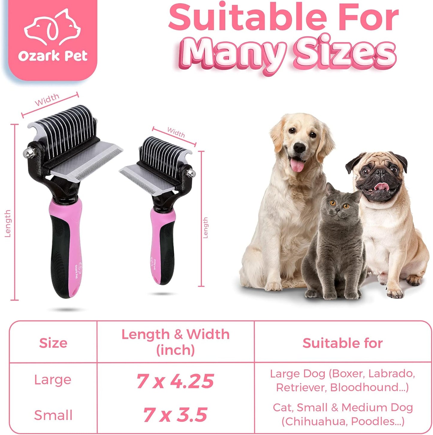 Dog Brush and Cat Brush-With Deshedding Brush, Dog Dematting Tools, Undercoat Brush for Dogs, Deshedding Tool, Reduce Shedding up to 95%, for Short to Long Hair, and Large Breeds (Pink L)