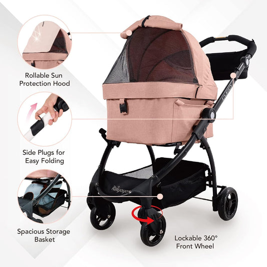 New Cleo 3-In-1 Travel System - Pet Stroller, Carrier, Bag for Small Dogs, Medium Dogs, Cats - Lightweight, 44 Lbs - Coral Pink