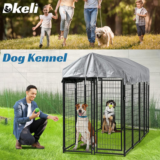 Large Dog Kennel Outdoor 8'L X 4'W X 6'H, Extra Large Welded Wire Pet Cage Playpen with UV Protection Waterproof Roof Heavy Duty Galvanized Metal Dog Run Enclosure for Outside