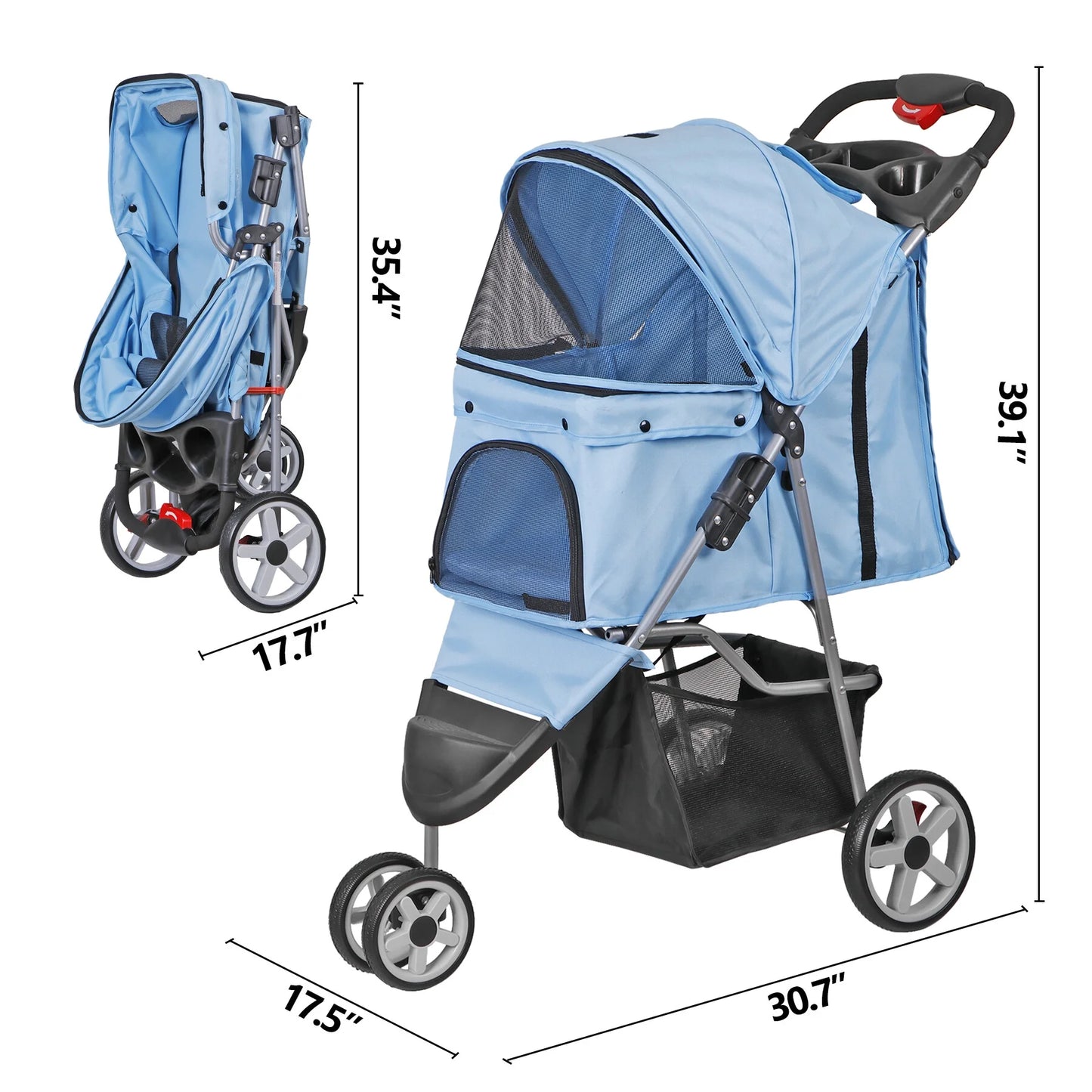 3 Wheels Foldable Pet Stroller for Small Dog Max. 33Lbs W/Storage Basket, Blue