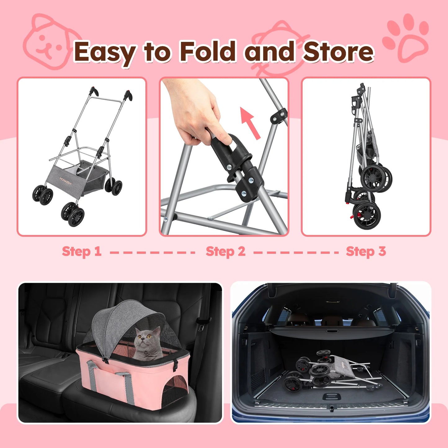 4 Wheels Foldable Pet Stroller 3 in 1 with Waterproof Detachable Pets Travel Carrier for Small/Medium Dogs Cats up to 60Lbs, Pink