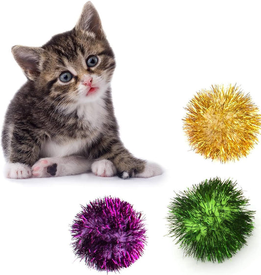 , 12 Pack 2 Inch Sparkle Ball Shiny Glitter Tinsel Pom Poms Interactive Cat Balls for Kittens (4 Colors, 12 Inch-12 Pack)