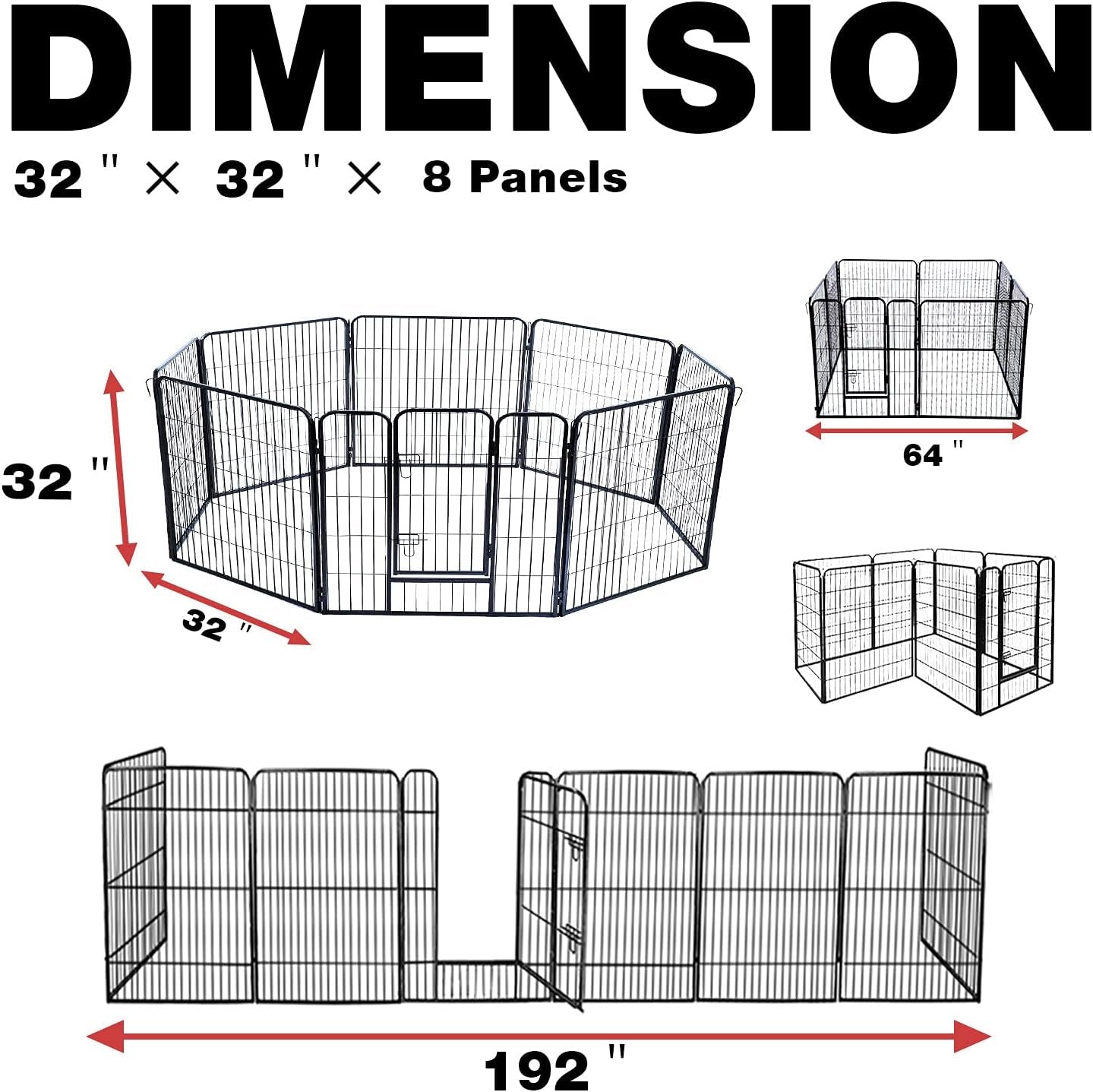 Dog Playpen,Metal Dog Kennel 24/32/40 Inch Dog Fence Exercise Pen Foldable 8 Panels with Double Latches for Indoor Outdoor (32Inch) Black HY3232-BLACK