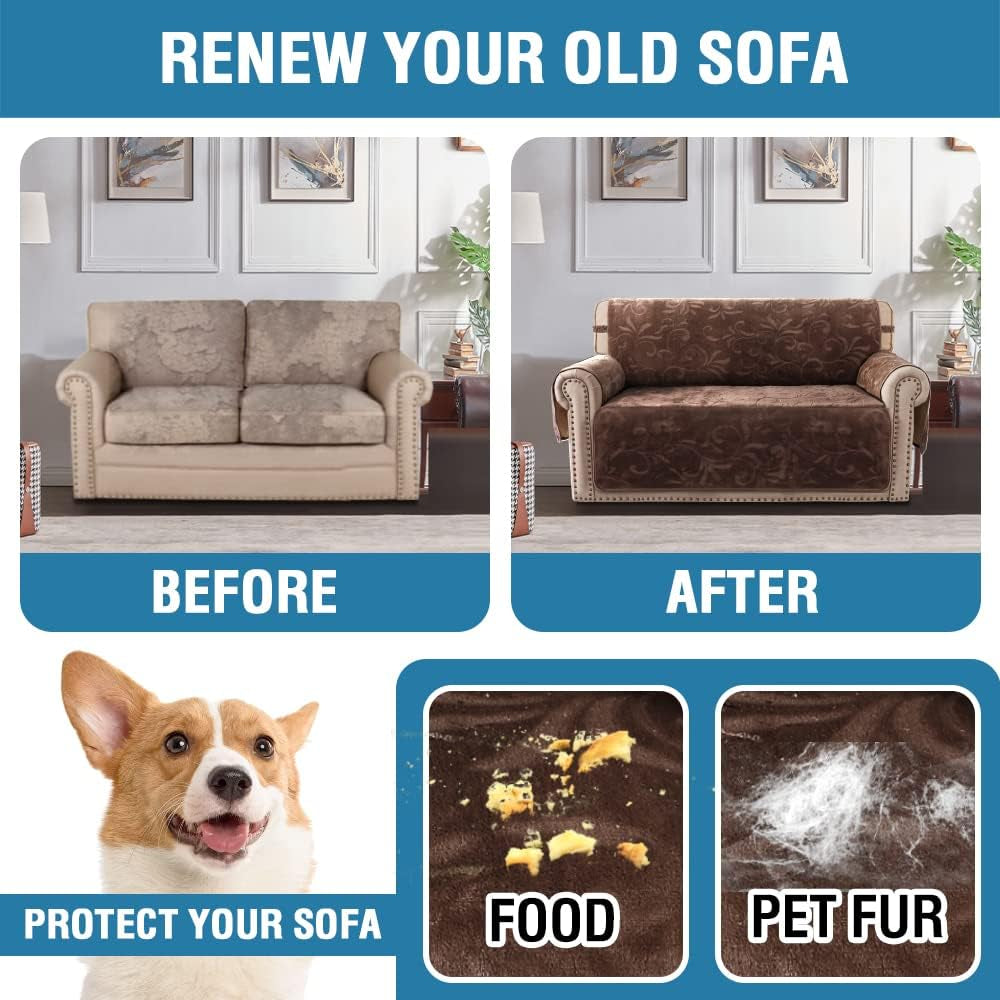 Sofa Slipcover 100% Waterproof Couch Cover Velvet Classic Flower Pattern Furniture Protector Non Slip with Elastic Straps for Pets Dogs Width up to 52 Inch (Medium Sofa, Chocolate)