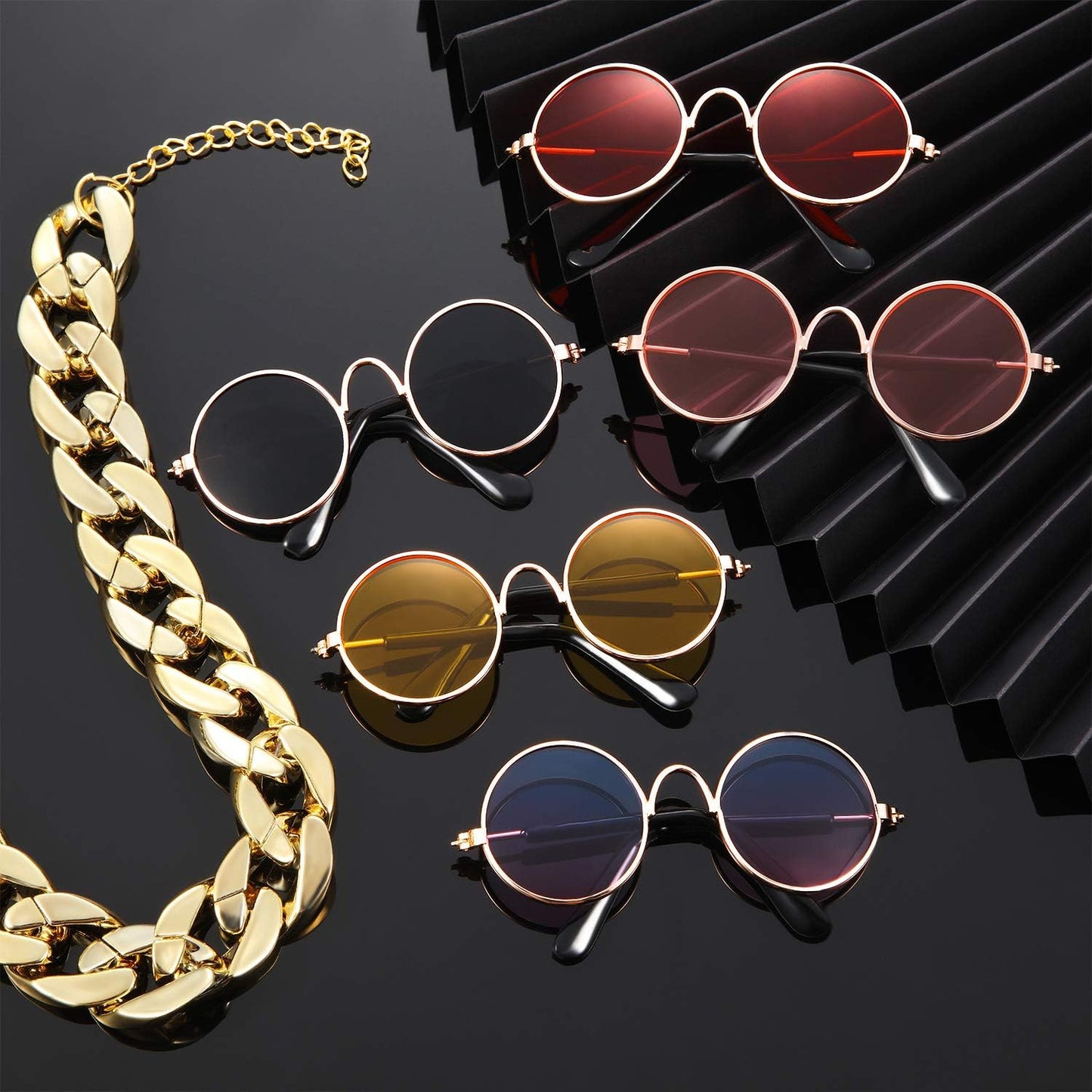 7 Pcs Dog Sunglasses Cats Sunglasses with 2 Gold Chain Retro round Metal Glasses Funny Cute Cosplay Costume for Small Pet(Vivid Colors,Lovely Style)