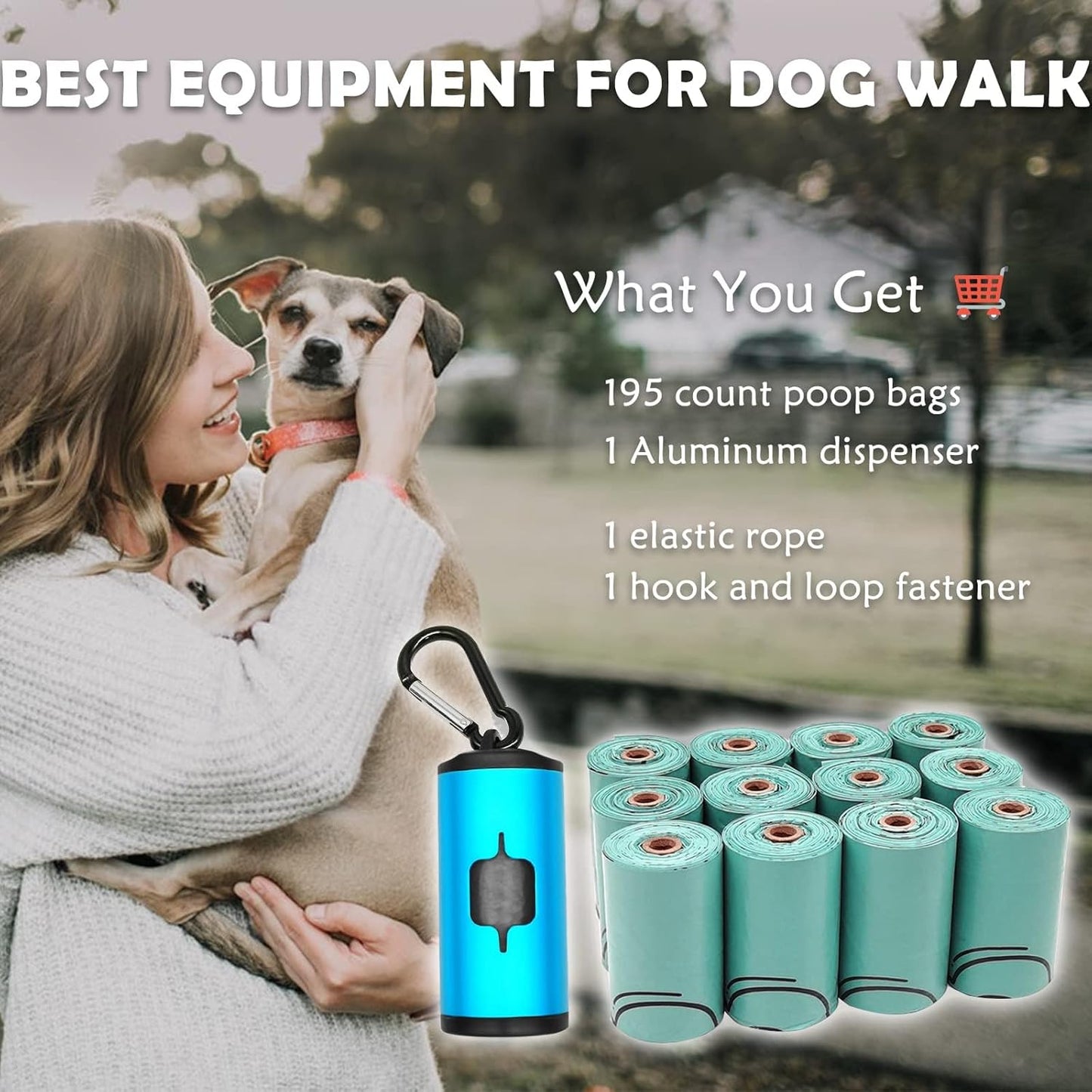 Aluminum Dog Poop Bags Holder with Carabiner Metal Pet Waste Bags Dispenser with Hook and Loop Fastener and Elastic Cord to Carry Used Bags (Blue)
