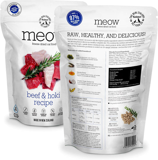 Meow Freeze Dried Cat Food - Beef & Hoki Recipe, High Protein Treats, Meals & Toppers, Dry Cat Food, 9.9 Oz