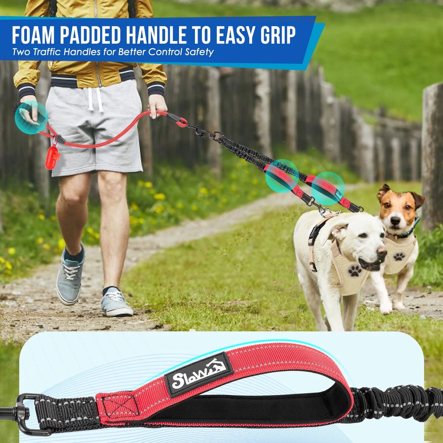 Double Dog Leash No Tangle - 360° Swivel Reflective Splitter Lead for 2 Large Dogs (25-150Lbs)