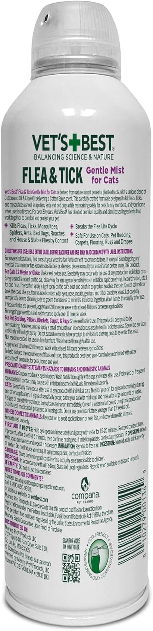 Natural Flea & Tick Mist for Cats – Plant-Powered Spray with Cotton Spice Scent – Natural Flea Prevention and Pest Control – Gentle Formula for Indoor Use – Safe for Pets – 6.3 Oz