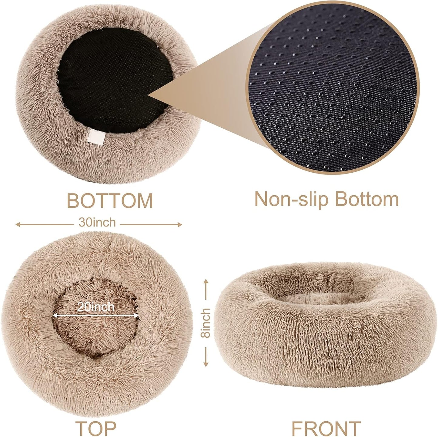 Pet Dog Bed for Medium Dogs Cats Donut, Comfortable round Plush Dog Beds Calming Fluffy Faux Fur Cat Dog Cushion Bed, Machine Washable, Anti-Skid (30" X 30", Taupe)
