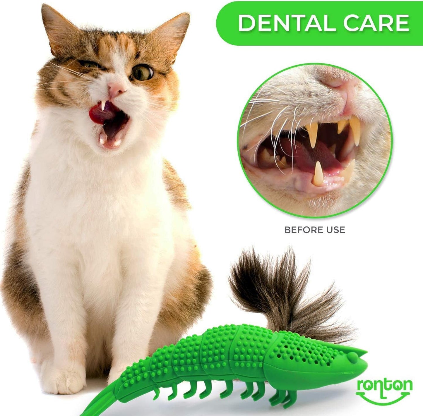 Cat Toothbrush - Durable Hard Rubber Cat Dental Care, Interactive Toothbrush Chew Toy (1 Pack Green (Shrimp))