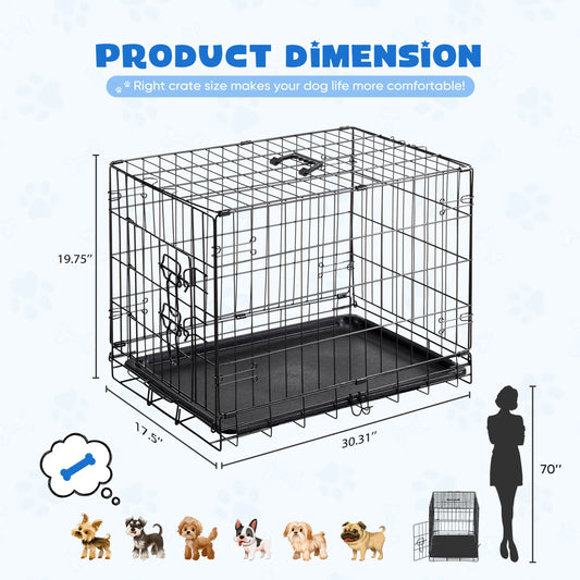 Medium Dog Crate, 30" Single Door Folding Metal Wire Dog Cage with Plastic Leak-Proof Pan Tray