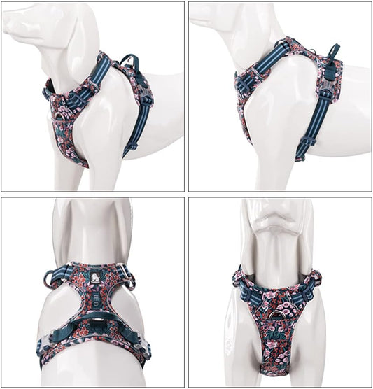 No Pull Dog Harness Reflective Dog Vest Harness with Handle Front Clip Neoprene Padded Dog Harness for Puppy Small Medium Large Dogs 3 Buckles Easy to Put on & Take off Floral Blue XS