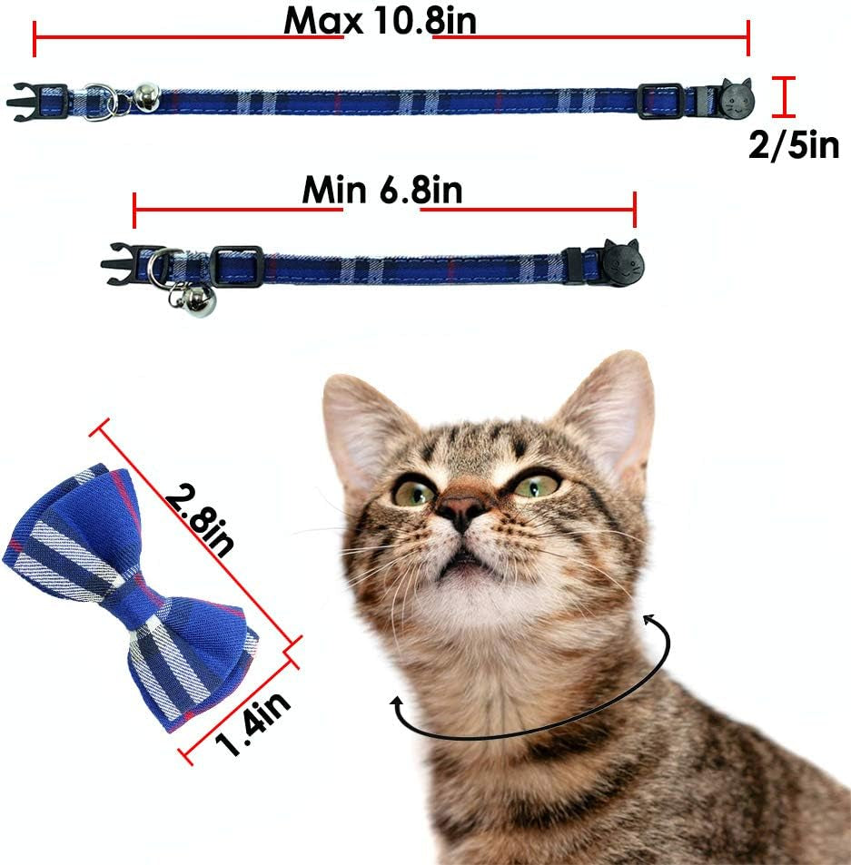 Cat Collar Breakaway with Bell and Bow Tie, Plaid Design Adjustable Safety Kitty Kitten Collars Set of 2 Pcs(6.8-10.8In) (Red&Blue Plaid)