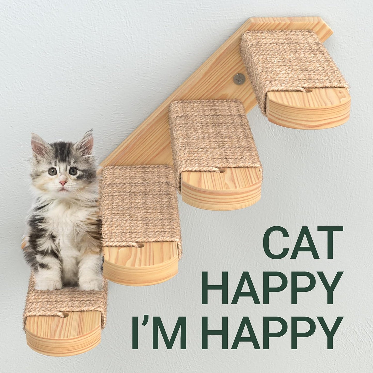 Cat Steps - Solid Rubber Wood Cat Wall Stairs Great for Scratching and Climbing - Easy to Install Wall Mounted Shelves for Playful Cats (Wood, Left-Right)