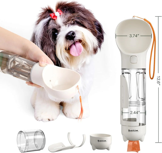 17Oz 3 in 1 Portable Dog Water Bottle, Outdoor Dog Water Dispenser with Poop Bag, Pet Travel Water Bottle Dispenser with Drinking Feeder and Food Container for Dogs Walk Travel, Length 15.55"