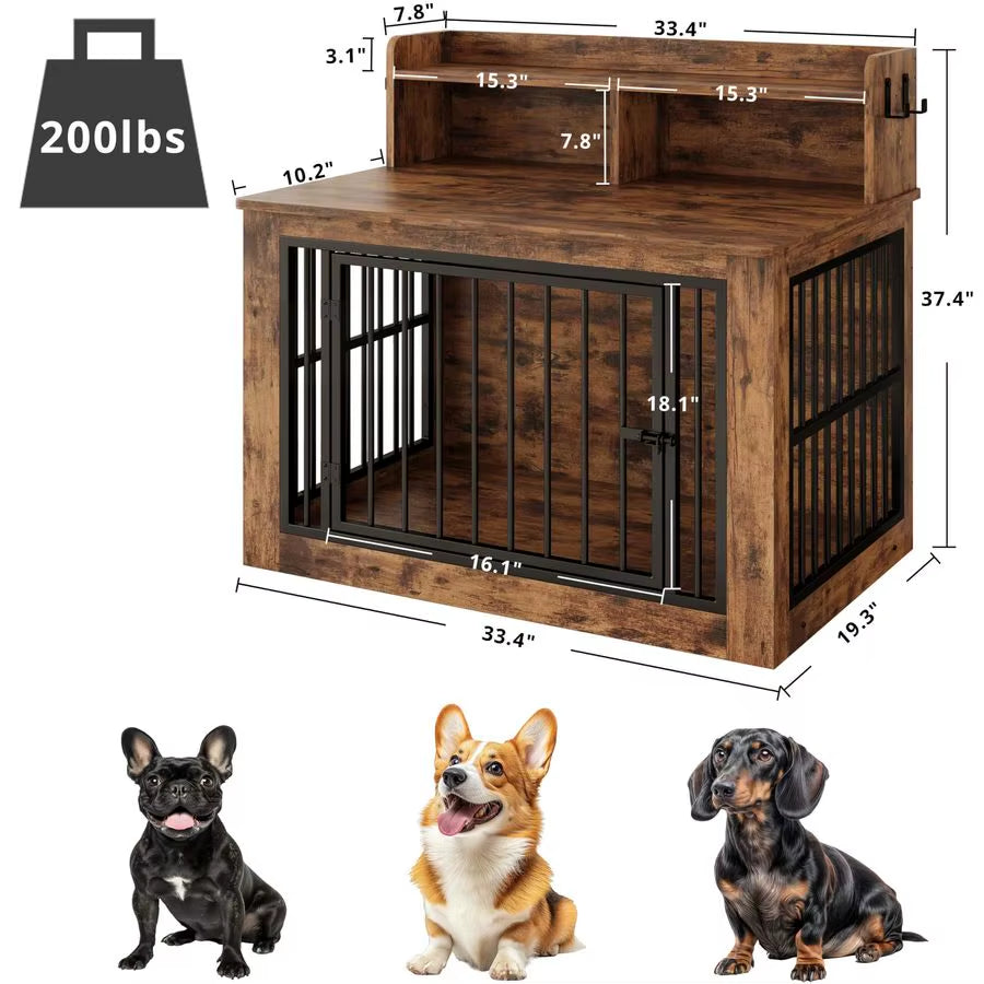 Dog Crate Furniture, 33.4 Inches Wooden Small Dog Crate with Storage and 4 Hooks, Heavy Duty Pet Crate for Small Dog, Decorative
