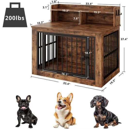 Dog Crate Furniture, 33.4 Inches Wooden Small Dog Crate with Storage and 4 Hooks, Heavy Duty Pet Crate for Small Dog, Decorative