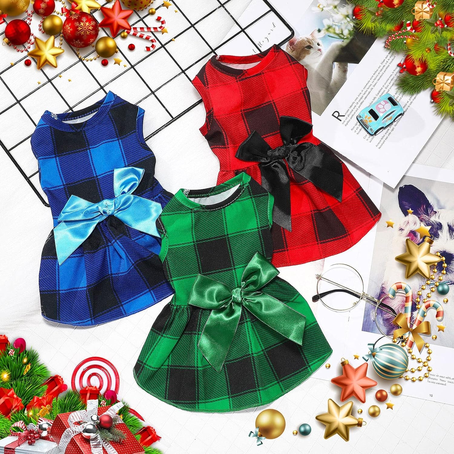 3 Pieces Christmas Plaid Dog Dresses with Bowknot Buffalo Plaid Puppy Dress Pet Dogs Girls Princess Outfit Check Dog Skirt Holiday Costume Apparel Clothes for Small Dogs(S (3-5Lbs))