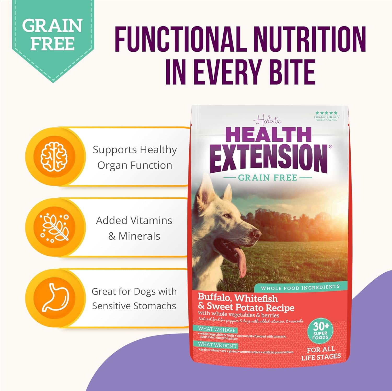 Grain Free Buffalo & Whitefish Dry Dog Food - 30+ Superfoods and Probiotics for All Life Stages (10Lb)