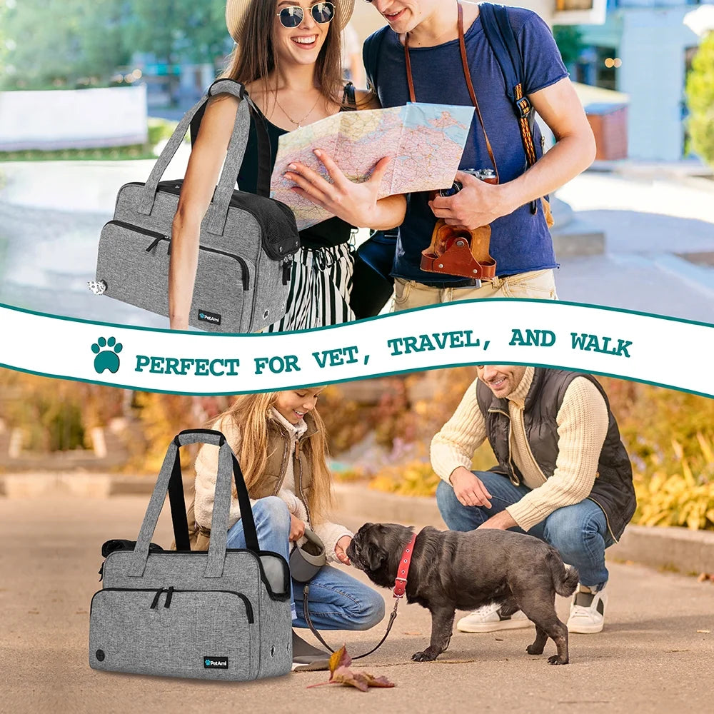 Small Dog Purse Carrier, Soft-Sided Pet Carrier Bag with Pockets, Portable Medium Dog Puppy Large Cat Travel Handbag Tote, Airline Approved Breathable Mesh, Poop Bag Dispenser, Sherpa Bed, Gray