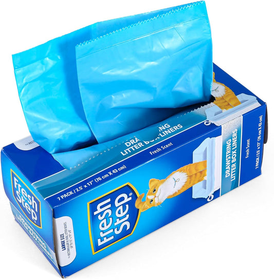 Drawstring Cat Litter Box Liners, Fresh Scent - Kitty Litter Bags for Rectangle or Oval Large Litterboxes, Size Large, 30" X 17" - 7 Count