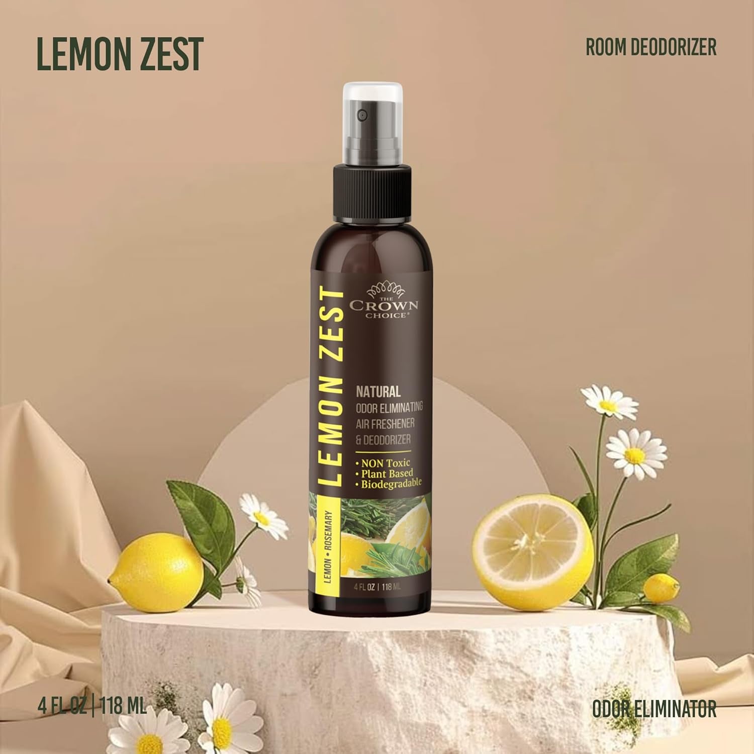 Non-Toxic Odor Eliminator, Natural Citrus Lemon Zest Air Freshener Spray for Home, Room, Closet & Couch Deodorizer, Long Lasting Bathroom & Toilet Freshener, Safe for Kids & Pets - 2 PK - 4 Oz Each