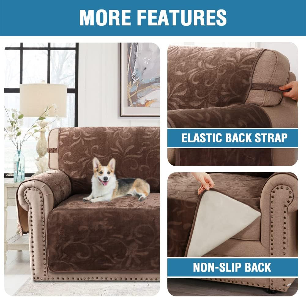 Sofa Slipcover 100% Waterproof Couch Cover Velvet Classic Flower Pattern Furniture Protector Non Slip with Elastic Straps for Pets Dogs Width up to 52 Inch (Medium Sofa, Chocolate)