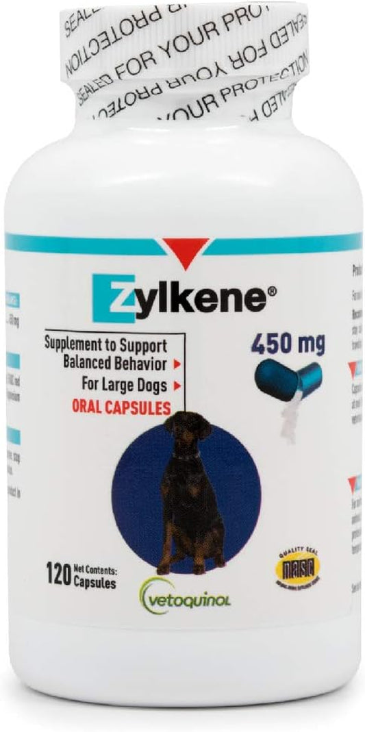 Zylkene Calming Support Supplement for Large Dogs 33-132Lbs, Promotes Relaxation, Reduces Stress, and Supports Occasional Anxiety Relief for Dogs, 450Mg - 120 Capsules