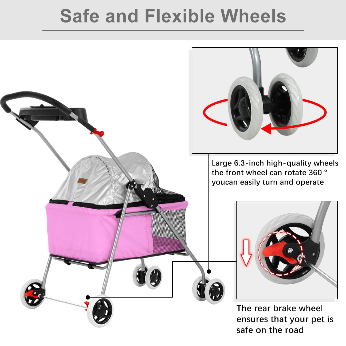 Pet Stroller for Small Medium Dogs & Cats - 4 Wheel Foldable Jogger Travel Stroller Carrier with Removable Liner Storage Basket, up to 35 LBS, Pink 30 X 19 X 36.8 Inch