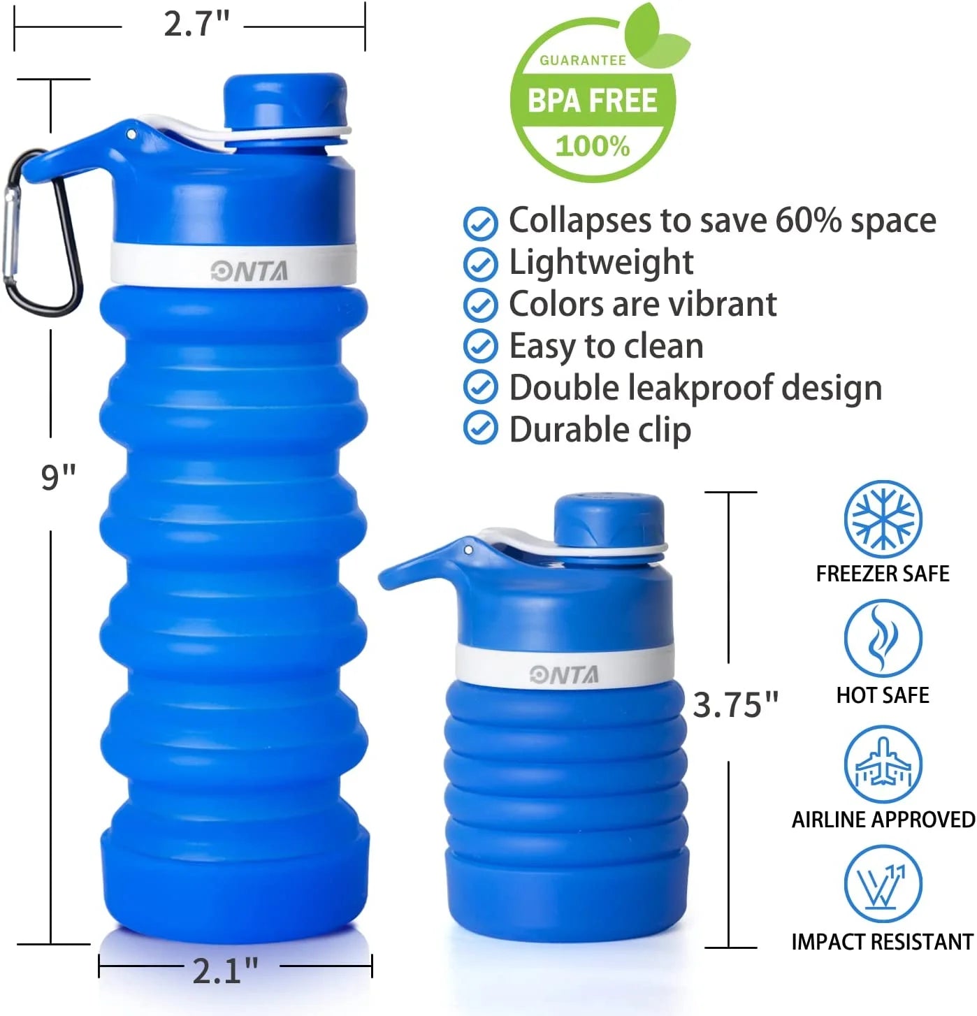 Collapsible Water Bottle- BPA Free Silicone Foldable Water Bottle for Travel,Silicone Portable Leak-Proof Travel Water Bottle 20Oz, Blue