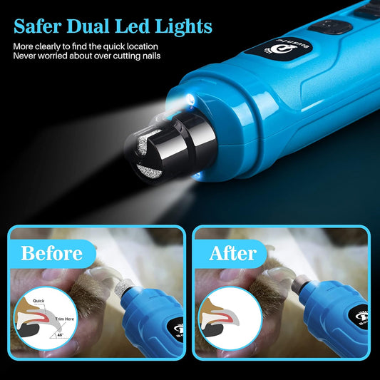 Dog Nail Grinder with 2 LED Light - Super Quiet Pet Nail Grinder Powerful 2-Speed Electric Dog Nail Trimmer File Toenail Grinder for Puppy Small Medium Large Breed Dogs & Cats (Blue)