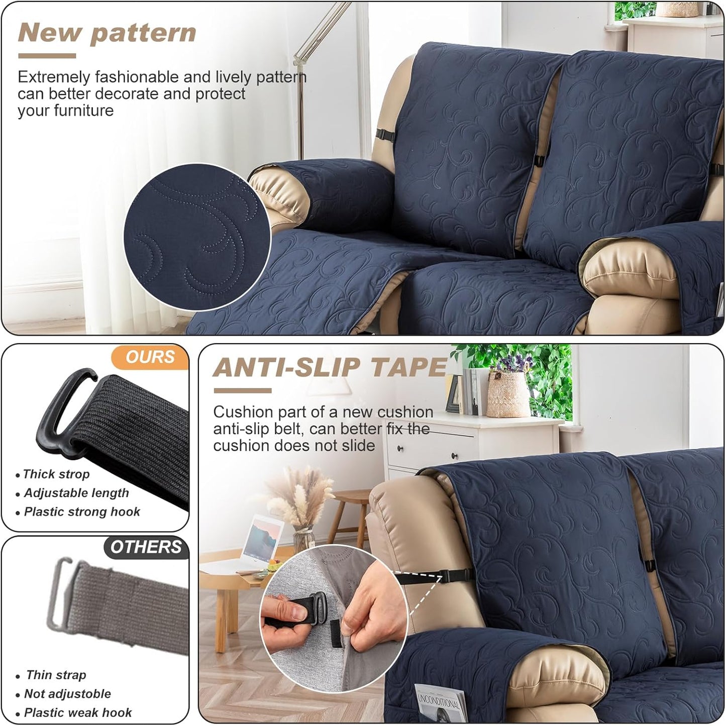 Couch Covers for 2 Cushion 100% Waterproof Couch Sofa Reclining Sofa Covers 3 Seat Couch Covers for Reclining Couches Furniture Protector for Dog (Navy Blue, 2 Seater)