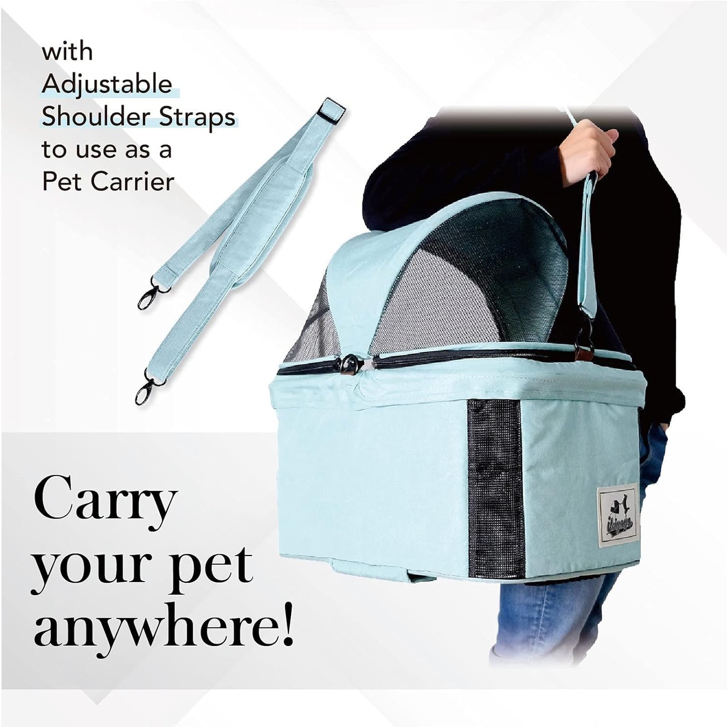 - Travois Dog Stroller for Small Dogs and Cats - 3-In-1 Pet Stroller, Pet Carrier, and Carseat - Includes Storage Compartement and Basket, Brakes, and Double Sided Mesh Window - Light Green