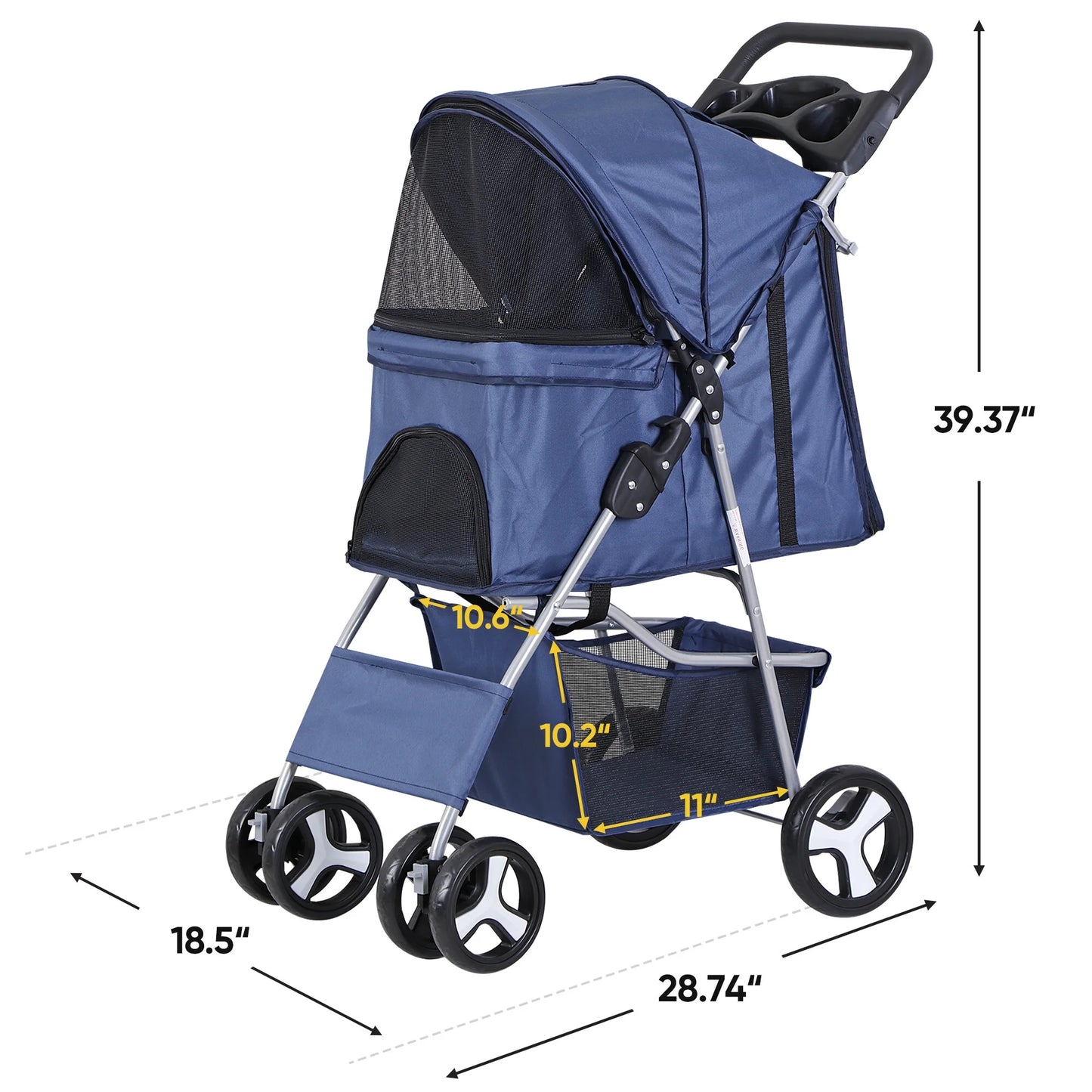 4 Wheels Small Pet Dog Stroller Foldable Strolling Cart Max.33Lbs W/Storage Basket & Cup Holder,Navy