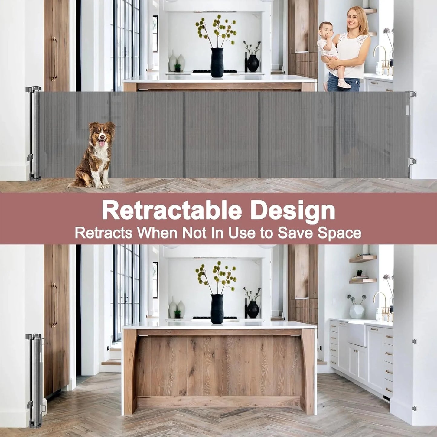 Retractable Baby Gate, 120In Baby Safety Gate for Stairs Doorways,34Inch Tall Metal Dog Gate,Extra Wide,Gray