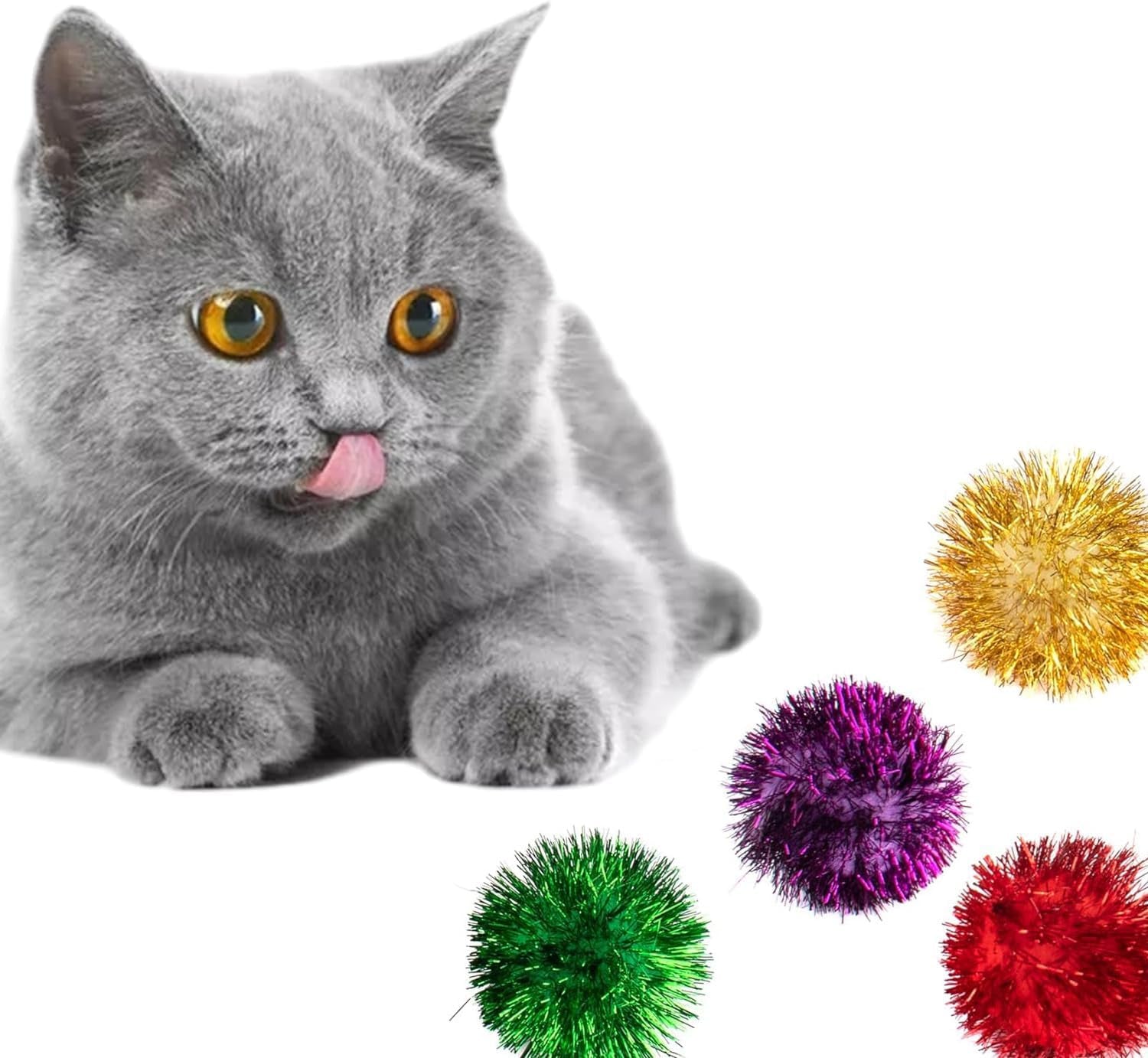 , 12 Pack 2 Inch Sparkle Ball Shiny Glitter Tinsel Pom Poms Interactive Cat Balls for Kittens (4 Colors, 12 Inch-12 Pack)