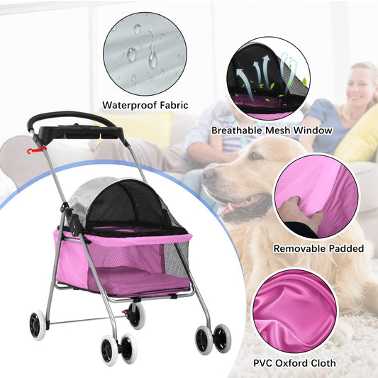 Pet Stroller for Small Medium Dogs & Cats - 4 Wheel Foldable Jogger Travel Stroller Carrier with Removable Liner Storage Basket, up to 35 LBS, Pink 30 X 19 X 36.8 Inch