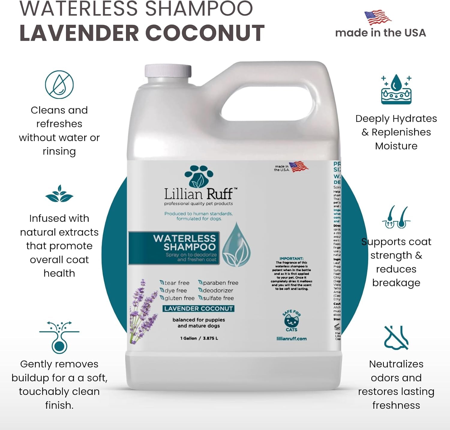 Waterless No-Rinse Dog Dry Shampoo Spray with Hydrating Essential Oils - Ph-Balanced Dry Shampoo for Dogs - Clean, Condition, Detangle & Deodorize Dry, Sensitive Skin (Gallon)